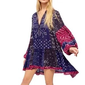 Free People Shibori Indigo Print Blue Red Long Sleeve Tunic Mini Dress